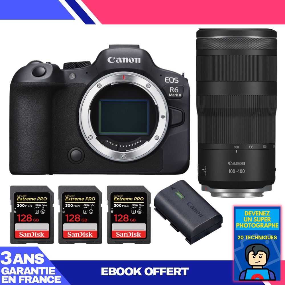 Boitier Canon EOS R6 Mark II + RF 100 400mm f5.6 8 IS USM + 3 SanDisk Extreme PRO UHS II SDXC 300 MB/ + 1 Canon LP E6NH + Ebook 'Devenez Un Super Photographe - vue 2