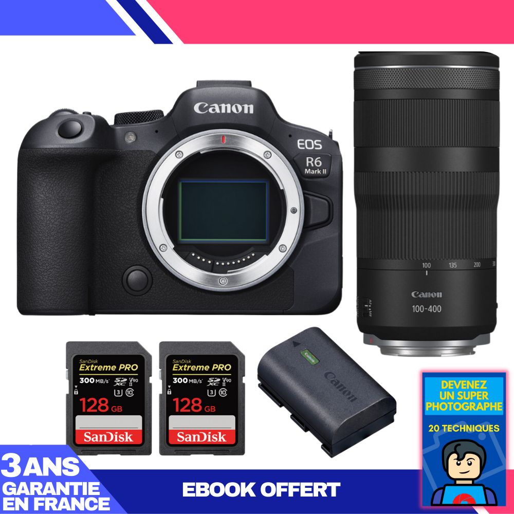 Boitier Canon EOS R6 Mark II + RF 100 400mm f5.6 8 IS USM + 2 SanDisk Extreme PRO UHS II SDXC 300 MB/ + 1 Canon LP E6NH + Ebook 'Devenez Un Super Photographe - vue 4