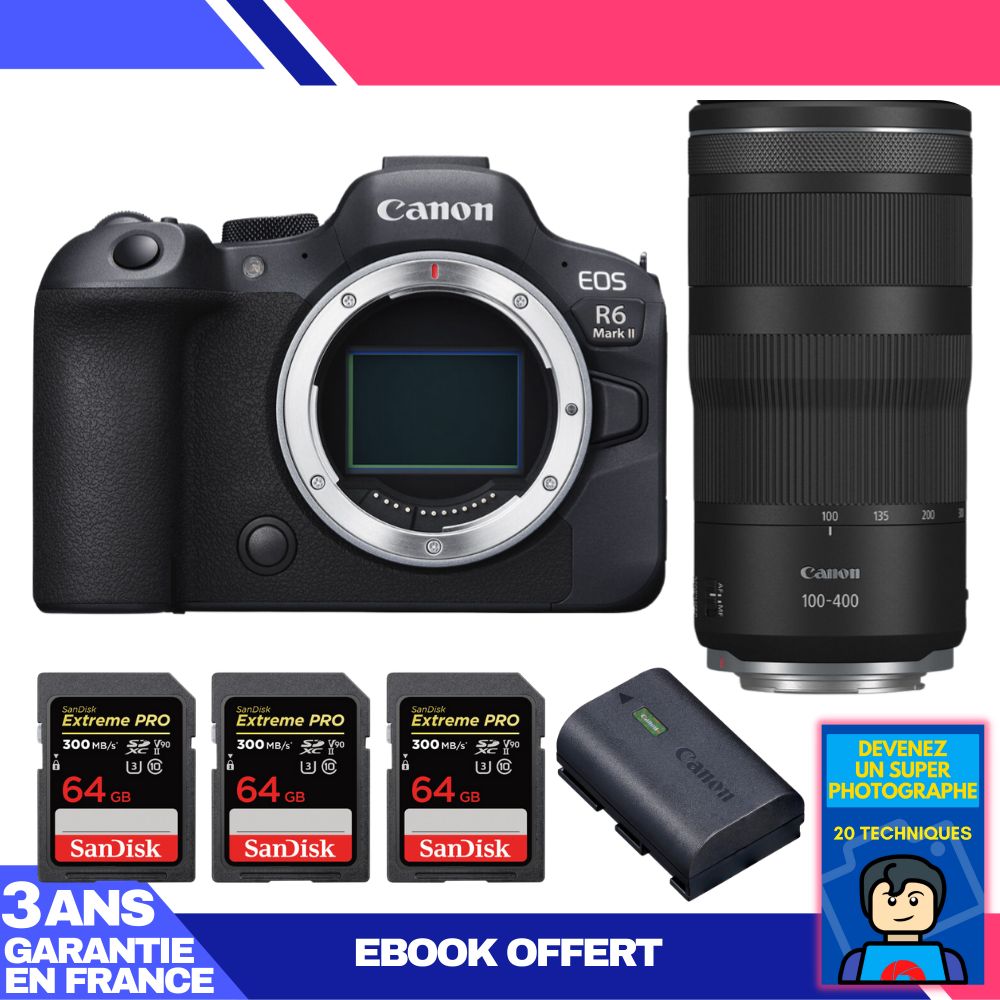 Boitier Canon EOS R6 Mark II + RF 100 400mm f5.6 8 IS USM + 3 SanDisk Extreme PRO UHS II SDXC 300 MB/ + 1 Canon LP E6NH + Ebook 'Devenez Un Super Photographe