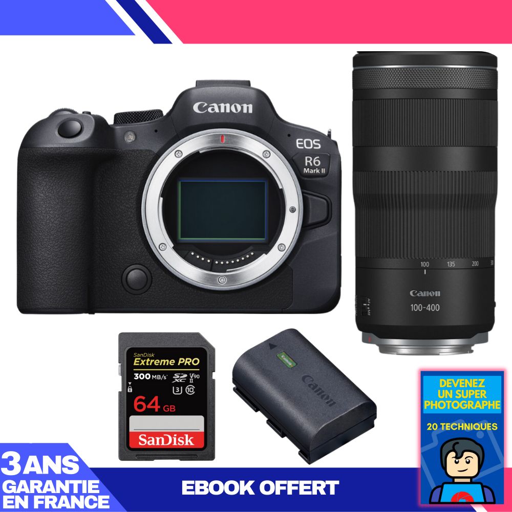 Boitier Canon EOS R6 Mark II + RF 100 400mm f5.6 8 IS USM + 1 SanDisk Extreme PRO UHS II SDXC 300 MB/ + 1 Canon LP E6NH + Ebook 'Devenez Un Super Photographe - vue 4