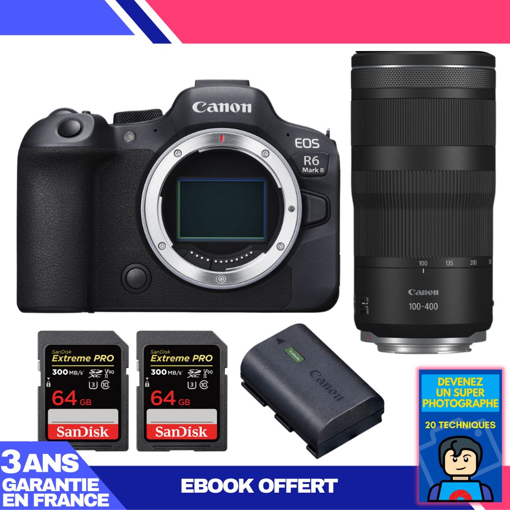Boitier Canon EOS R6 Mark II + RF 100 400mm f5.6 8 IS USM + 2 SanDisk Extreme PRO UHS II SDXC 300 MB/ + 1 Canon LP E6NH + Ebook 'Devenez Un Super Photographe