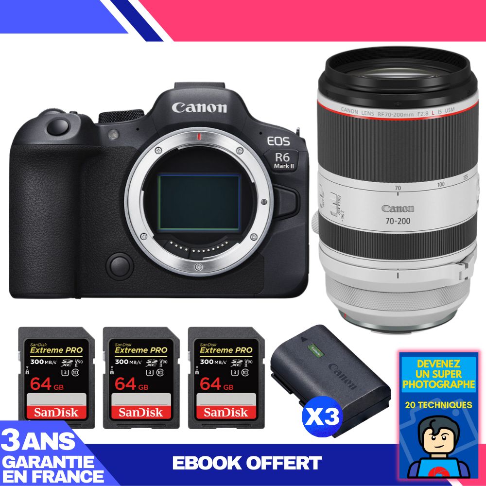 Boitier Canon EOS R6 Mark II + RF 70 200mm f2.8 IS USM + 3 SanDisk Extreme PRO UHS II SDXC 300 MB/ + 3 Canon LP E6NH + Ebook 'Devenez Un Super Photographe