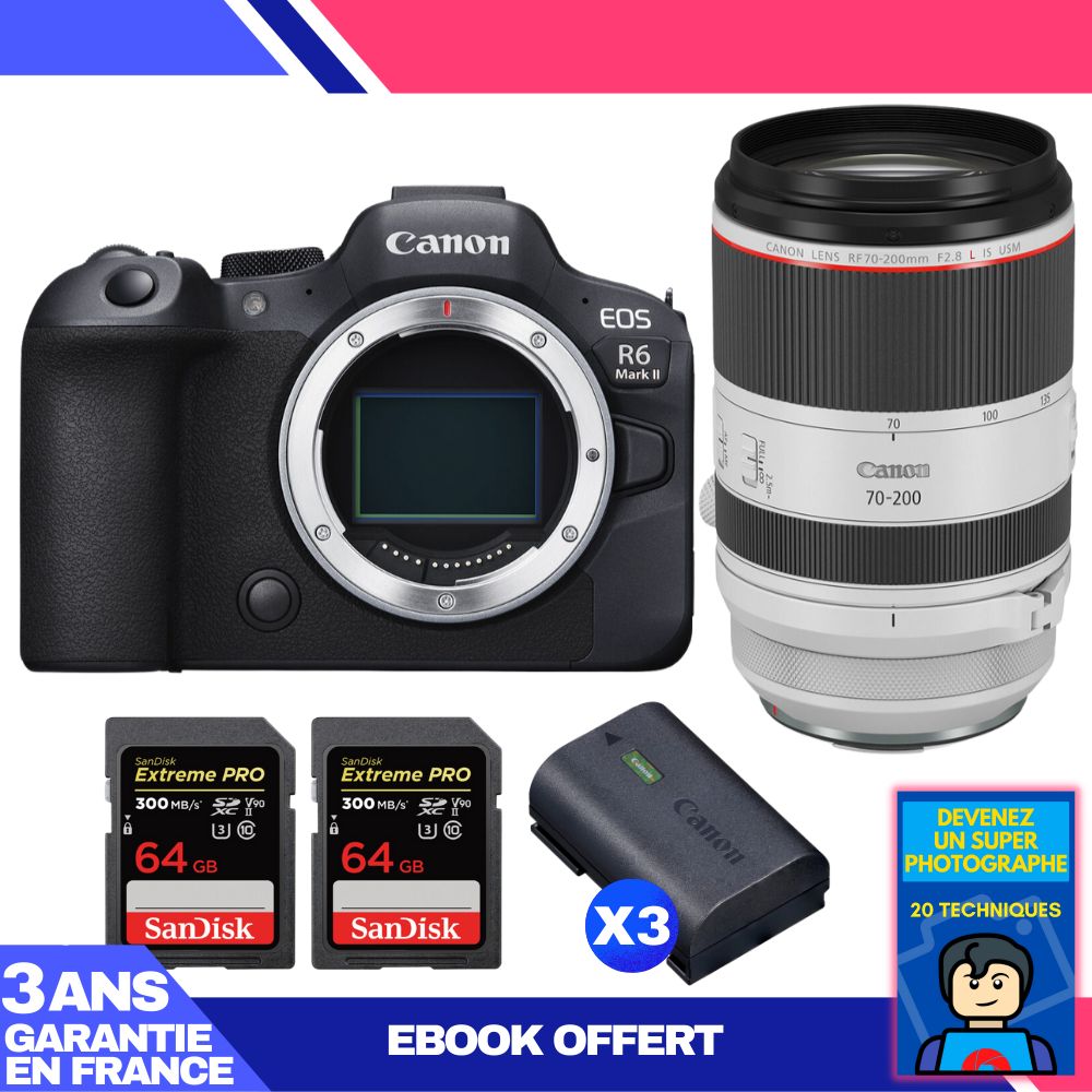 Boitier Canon EOS R6 Mark II + RF 70 200mm f2.8 IS USM + 2 SanDisk Extreme PRO UHS II SDXC 300 MB/ + 3 Canon LP E6NH + Ebook 'Devenez Un Super Photographe - vue 3