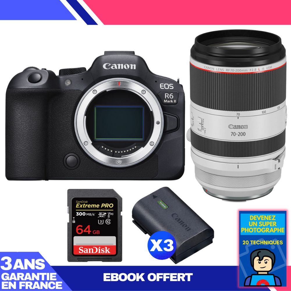 Boitier Canon EOS R6 Mark II + RF 70 200mm f2.8 IS USM + 1 SanDisk Extreme PRO UHS II SDXC 300 MB/ + 3 Canon LP E6NH + Ebook 'Devenez Un Super Photographe - vue 2
