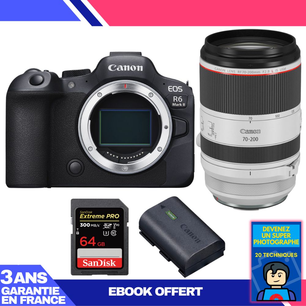 Boitier Canon EOS R6 Mark II + RF 70 200mm f2.8 IS USM + 1 SanDisk Extreme PRO UHS II SDXC 300 MB/ + 1 Canon LP E6NH + Ebook 'Devenez Un Super Photographe - vue 2