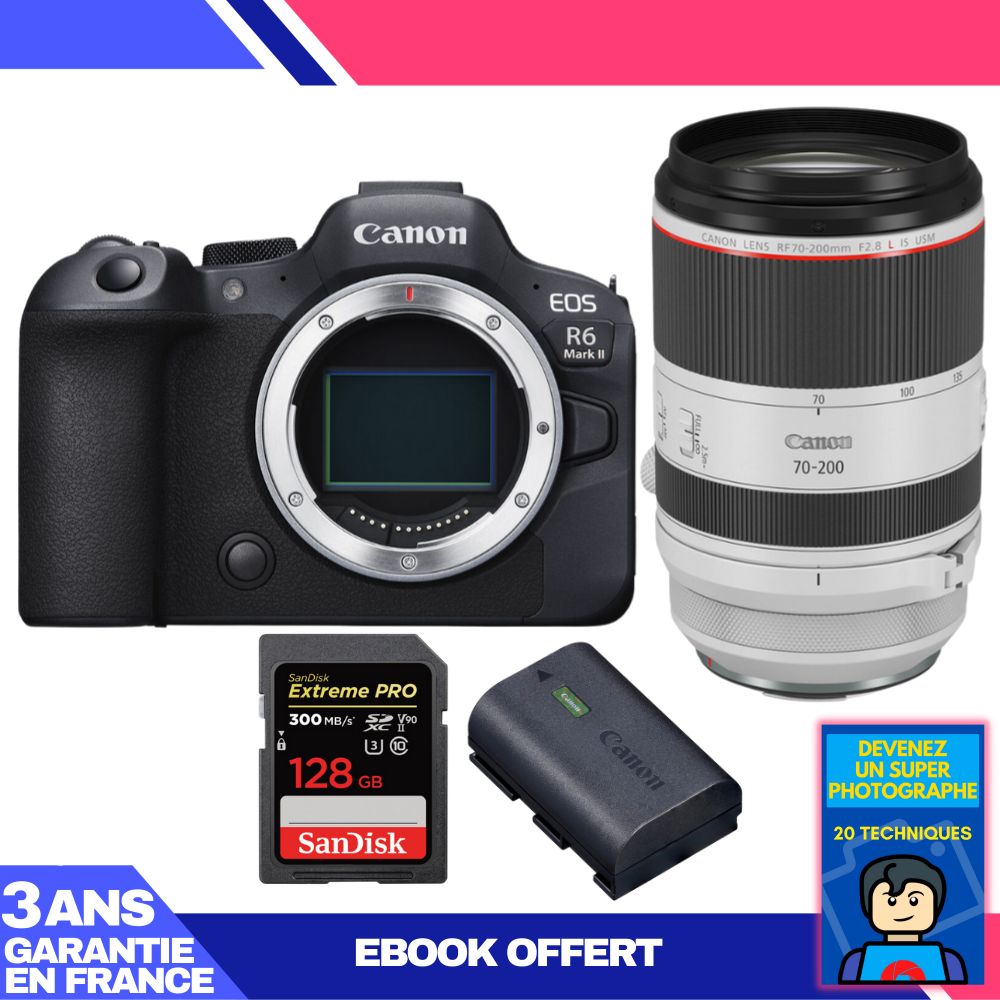 Boitier Canon EOS R6 Mark II + RF 70 200mm f2.8 IS USM + 1 SanDisk Extreme PRO UHS II SDXC 300 MB/ + 1 Canon LP E6NH + Ebook 'Devenez Un Super Photographe - vue 3