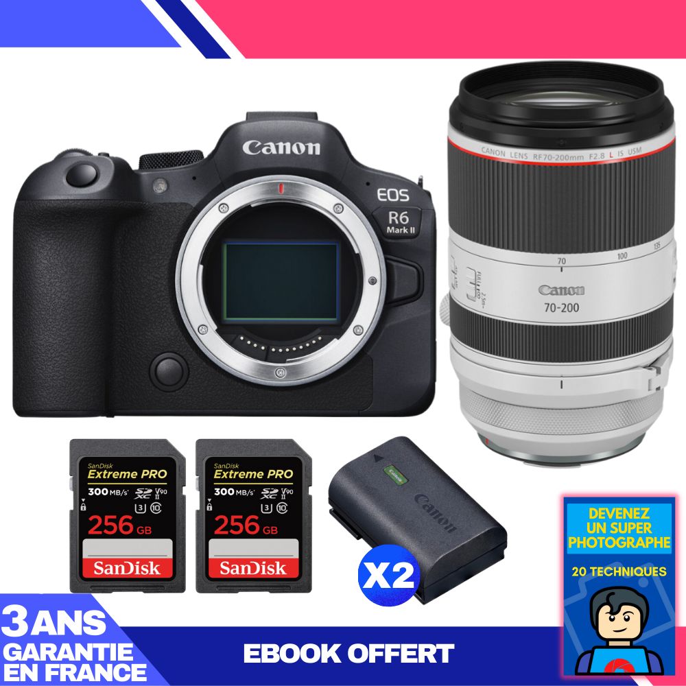 Boitier Canon EOS R6 Mark II + RF 70 200mm f2.8 IS USM + 2 SanDisk Extreme PRO UHS II SDXC 300 MB/ + 2 Canon LP E6NH + Ebook 'Devenez Un Super Photographe - vue 4