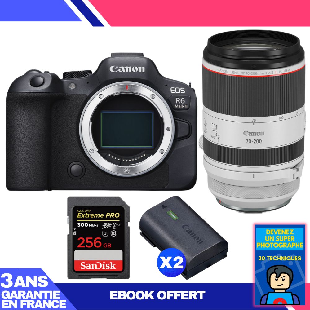 Boitier Canon EOS R6 Mark II + RF 70 200mm f2.8 IS USM + 1 SanDisk Extreme PRO UHS II SDXC 300 MB/ + 2 Canon LP E6NH + Ebook 'Devenez Un Super Photographe - vue 2