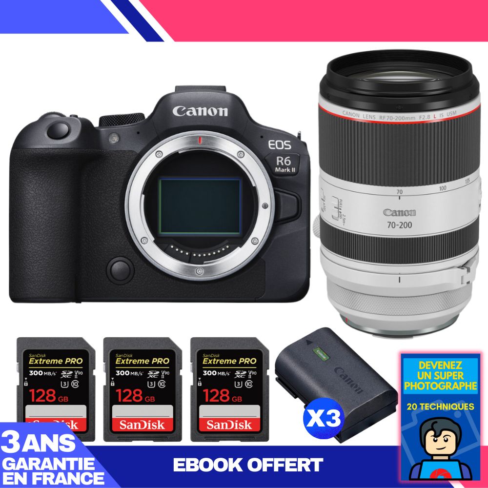 Boitier Canon EOS R6 Mark II + RF 70 200mm f2.8 IS USM + 3 SanDisk Extreme PRO UHS II SDXC 300 MB/ + 3 Canon LP E6NH + Ebook 'Devenez Un Super Photographe - vue 2