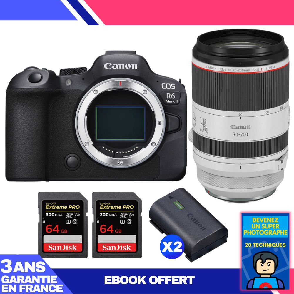 Boitier Canon EOS R6 Mark II + RF 70 200mm f2.8 IS USM + 2 SanDisk Extreme PRO UHS II SDXC 300 MB/ + 2 Canon LP E6NH + Ebook 'Devenez Un Super Photographe - vue 3
