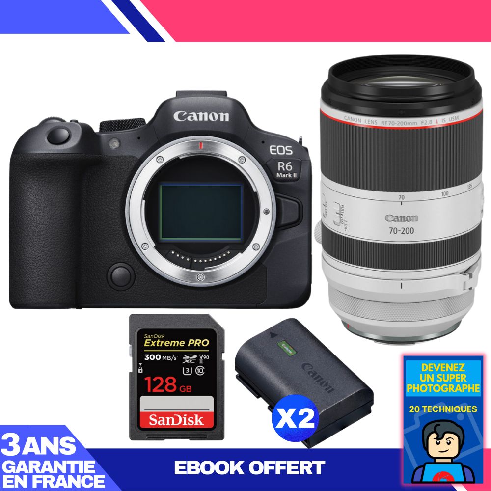 Boitier Canon EOS R6 Mark II + RF 70 200mm f2.8 IS USM + 1 SanDisk Extreme PRO UHS II SDXC 300 MB/ + 2 Canon LP E6NH + Ebook 'Devenez Un Super Photographe - vue 3