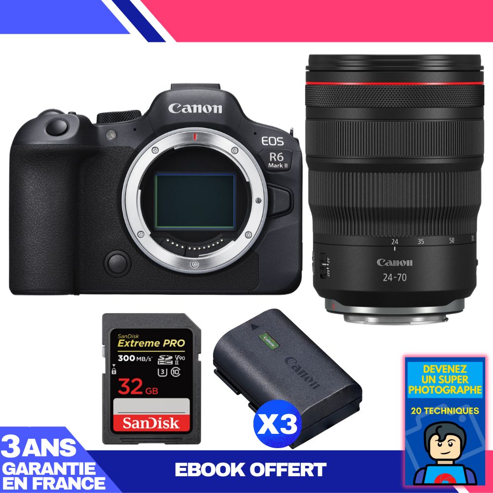 Boitier Canon EOS R6 Mark II + RF 24 70mm f2.8 IS USM + 1 SanDisk Extreme PRO UHS II SDXC 300 MB/ + 3 Canon LP E6NH + Ebook 'Devenez Un Super Photographe - vue 2
