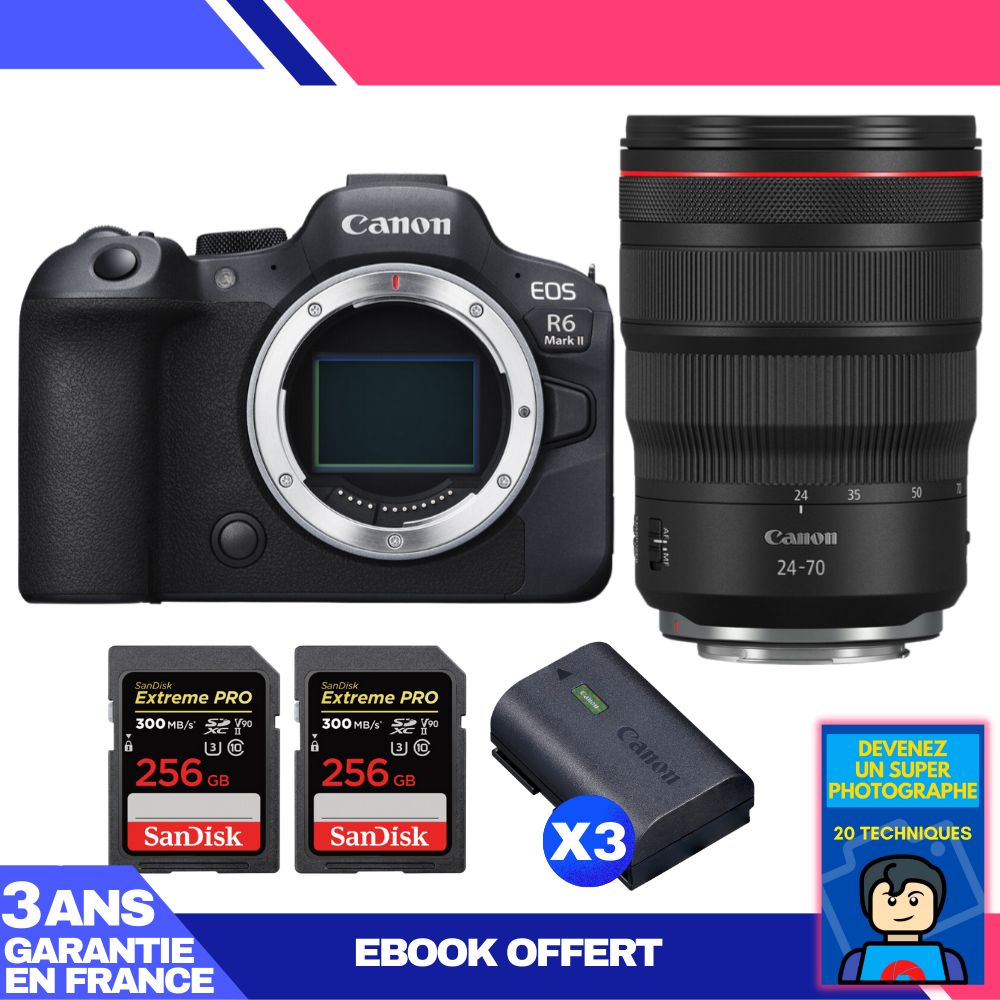 Boitier Canon EOS R6 Mark II + RF 24 70mm f2.8 IS USM + 2 SanDisk Extreme PRO UHS II SDXC 300 MB/ + 3 Canon LP E6NH + Ebook 'Devenez Un Super Photographe - vue 4