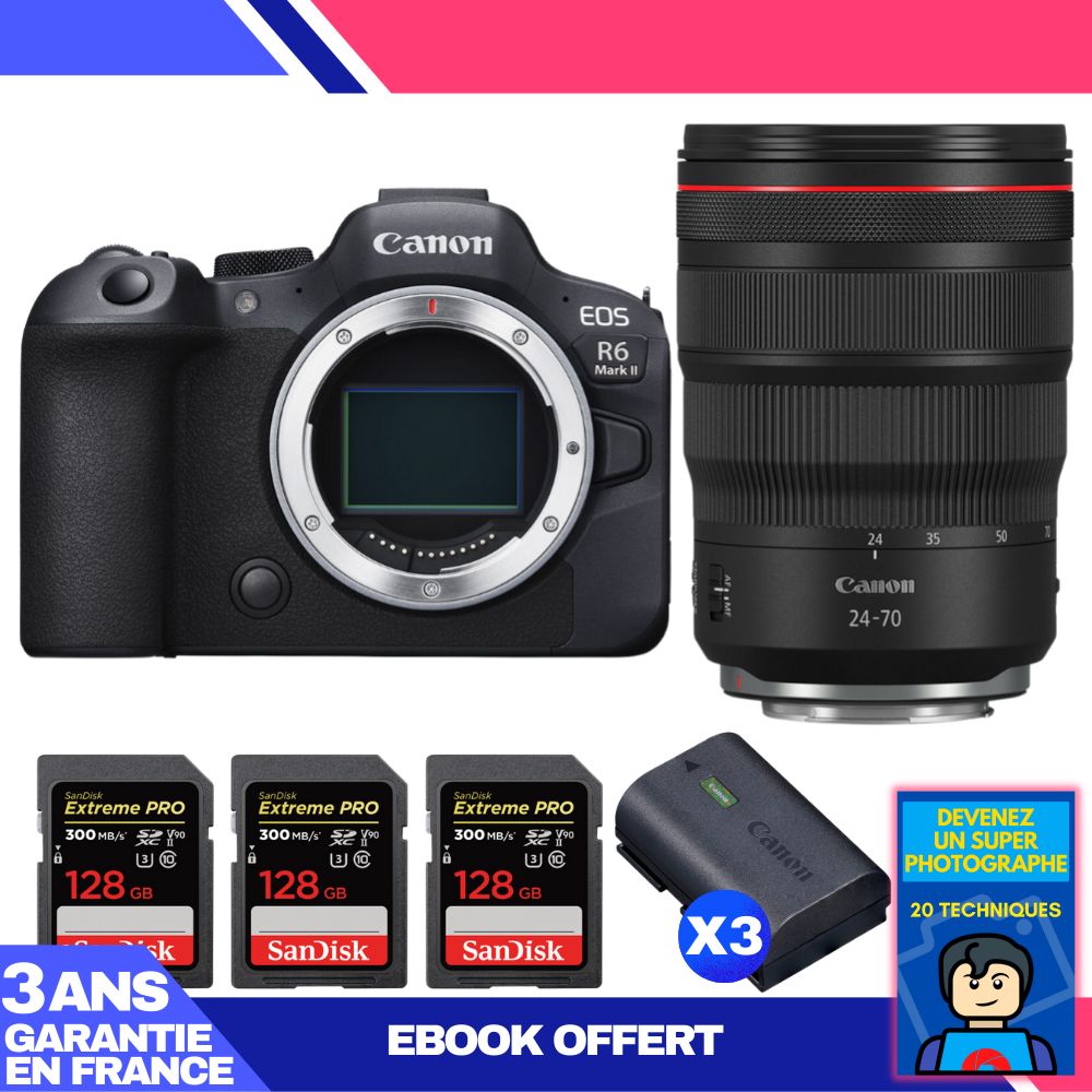 Boitier Canon EOS R6 Mark II + RF 24 70mm f2.8 IS USM + 3 SanDisk Extreme PRO UHS II SDXC 300 MB/ + 3 Canon LP E6NH + Ebook 'Devenez Un Super Photographe - vue 3