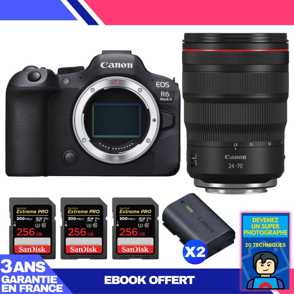 Boitier Canon EOS R6 Mark II + RF 24 70mm f2.8 IS USM + 3 SanDisk Extreme PRO UHS II SDXC 300 MB/ + 2 Canon LP E6NH + Ebook 'Devenez Un Super Photographe