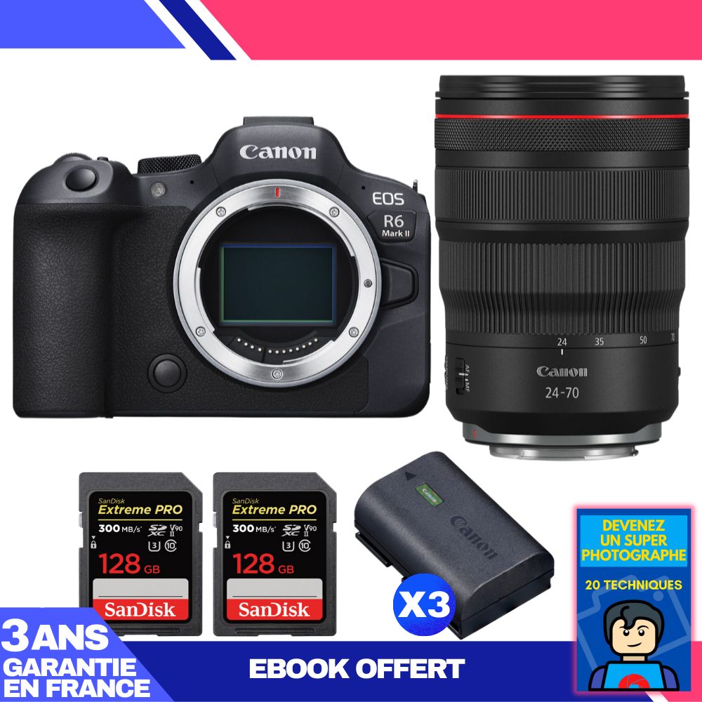 Boitier Canon EOS R6 Mark II + RF 24 70mm f2.8 IS USM + 2 SanDisk Extreme PRO UHS II SDXC 300 MB/ + 3 Canon LP E6NH + Ebook 'Devenez Un Super Photographe