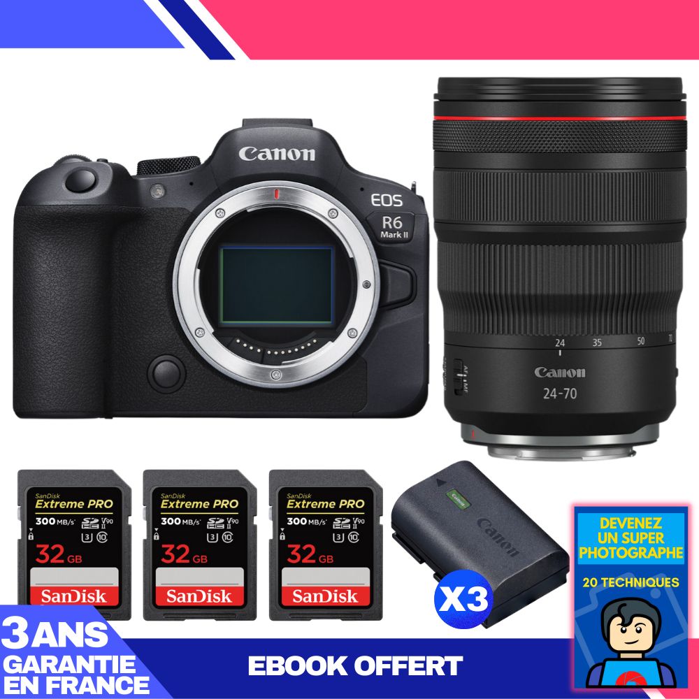 Boitier Canon EOS R6 Mark II + RF 24 70mm f2.8 IS USM + 3 SanDisk Extreme PRO UHS II SDXC 300 MB/ + 3 Canon LP E6NH + Ebook 'Devenez Un Super Photographe - vue 2