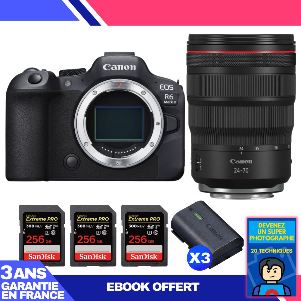 Boitier Canon EOS R6 Mark II + RF 24 70mm f2.8 IS USM + 3 SanDisk Extreme PRO UHS II SDXC 300 MB/ + 3 Canon LP E6NH + Ebook 'Devenez Un Super Photographe - vue 4