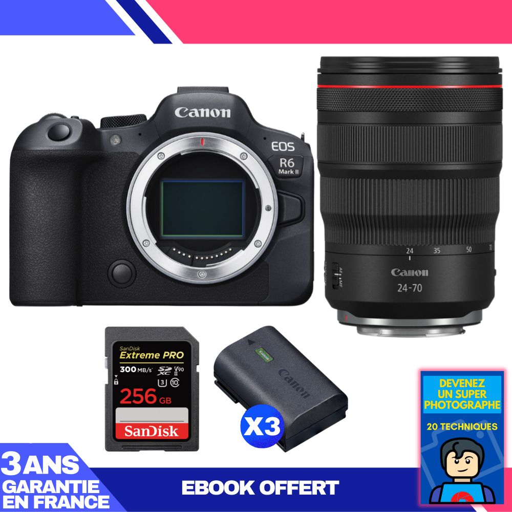 Boitier Canon EOS R6 Mark II + RF 24 70mm f2.8 IS USM + 1 SanDisk Extreme PRO UHS II SDXC 300 MB/ + 3 Canon LP E6NH + Ebook 'Devenez Un Super Photographe - vue 4