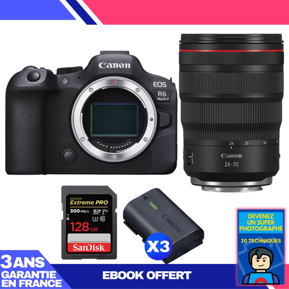 Boitier Canon EOS R6 Mark II + RF 24 70mm f2.8 IS USM + 1 SanDisk Extreme PRO UHS II SDXC 300 MB/ + 3 Canon LP E6NH + Ebook 'Devenez Un Super Photographe - vue 3