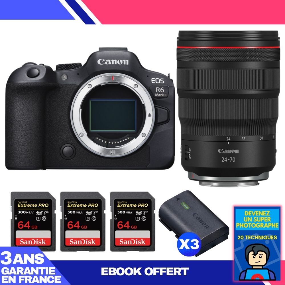Boitier Canon EOS R6 Mark II + RF 24 70mm f2.8 IS USM + 3 SanDisk Extreme PRO UHS II SDXC 300 MB/ + 3 Canon LP E6NH + Ebook 'Devenez Un Super Photographe