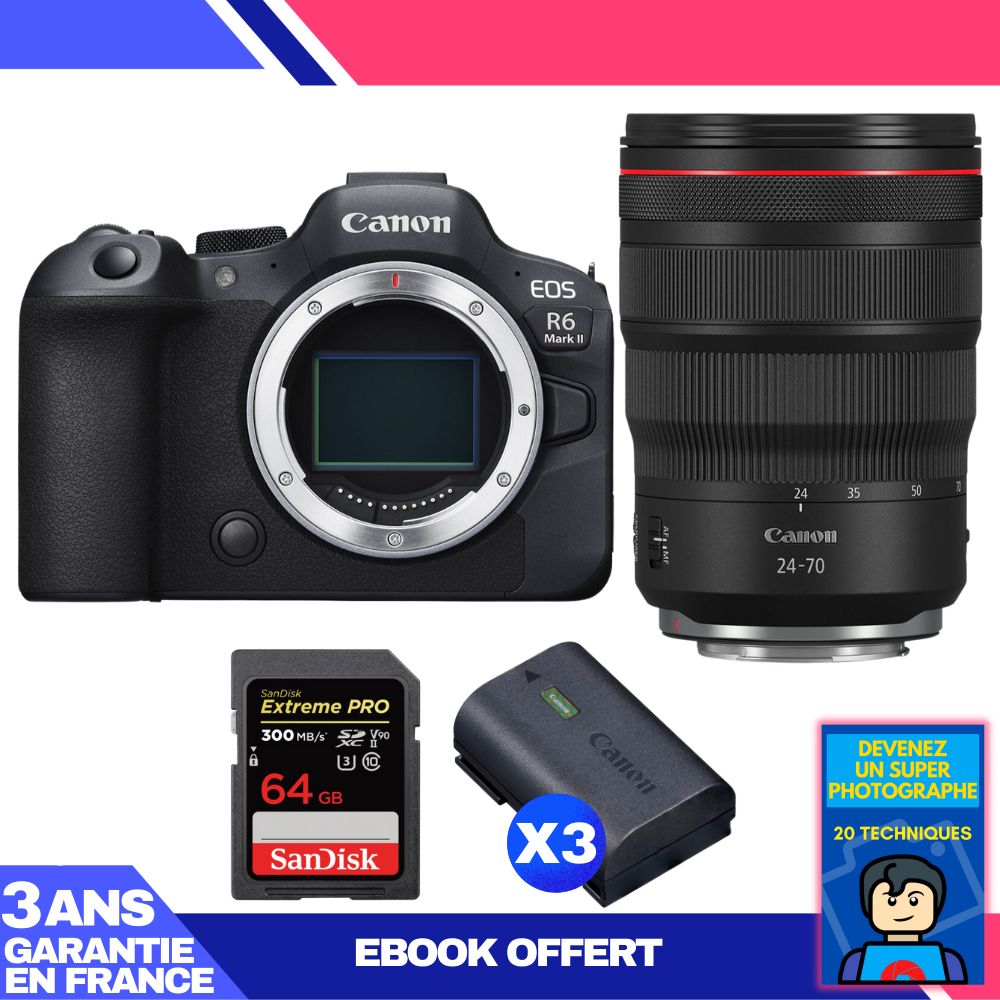 Boitier Canon EOS R6 Mark II + RF 24 70mm f2.8 IS USM + 1 SanDisk Extreme PRO UHS II SDXC 300 MB/ + 3 Canon LP E6NH + Ebook 'Devenez Un Super Photographe
