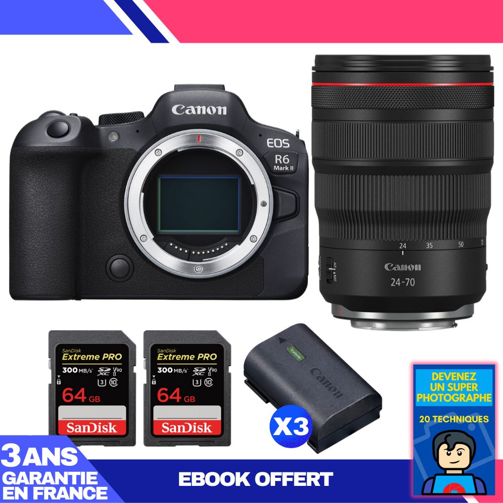 Boitier Canon EOS R6 Mark II + RF 24 70mm f2.8 IS USM + 2 SanDisk Extreme PRO UHS II SDXC 300 MB/ + 3 Canon LP E6NH + Ebook 'Devenez Un Super Photographe - vue 3
