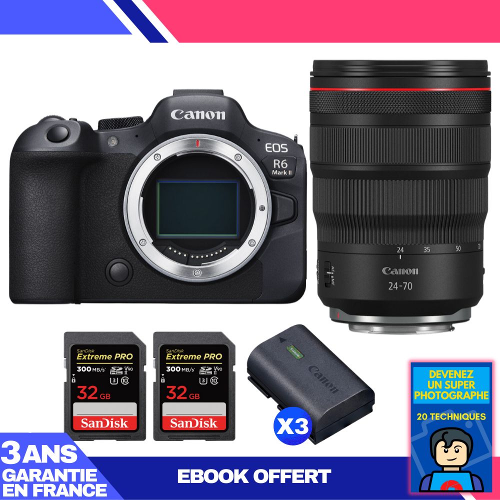 Boitier Canon EOS R6 Mark II + RF 24 70mm f2.8 IS USM + 2 SanDisk Extreme PRO UHS II SDXC 300 MB/ + 3 Canon LP E6NH + Ebook 'Devenez Un Super Photographe - vue 2