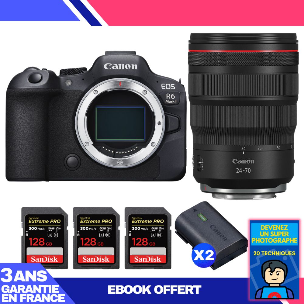 Boitier Canon EOS R6 Mark II + RF 24 70mm f2.8 IS USM + 3 SanDisk Extreme PRO UHS II SDXC 300 MB/ + 2 Canon LP E6NH + Ebook 'Devenez Un Super Photographe - vue 3