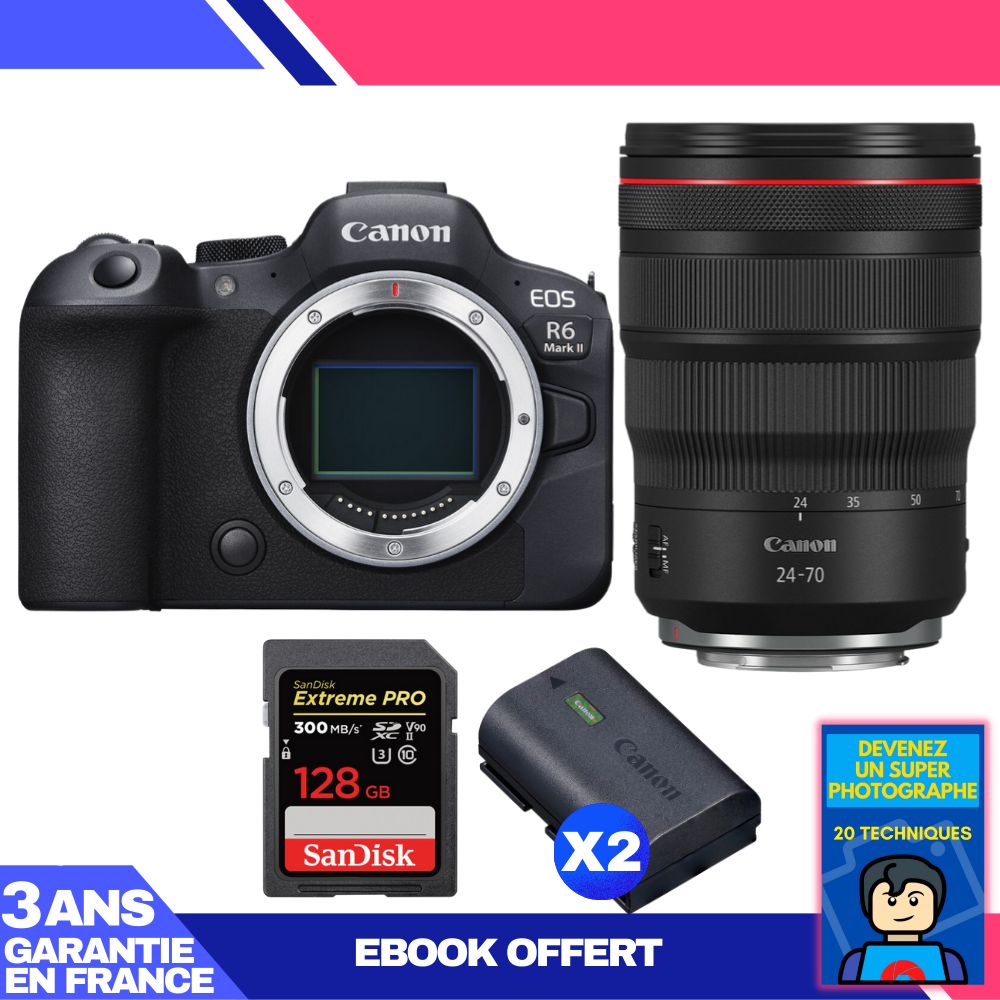 Boitier Canon EOS R6 Mark II + RF 24 70mm f2.8 IS USM + 1 SanDisk Extreme PRO UHS II SDXC 300 MB/ + 2 Canon LP E6NH + Ebook 'Devenez Un Super Photographe