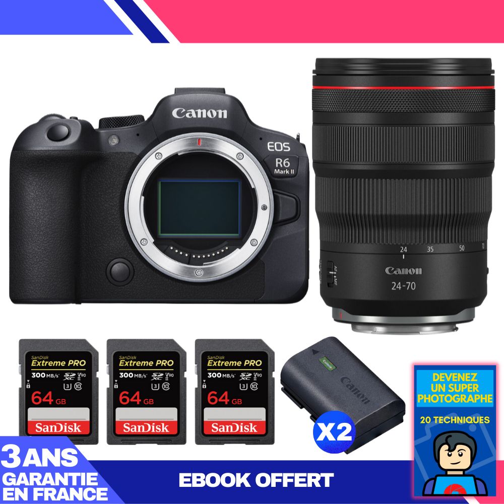 Boitier Canon EOS R6 Mark II + RF 24 70mm f2.8 IS USM + 3 SanDisk Extreme PRO UHS II SDXC 300 MB/ + 2 Canon LP E6NH + Ebook 'Devenez Un Super Photographe - vue 2