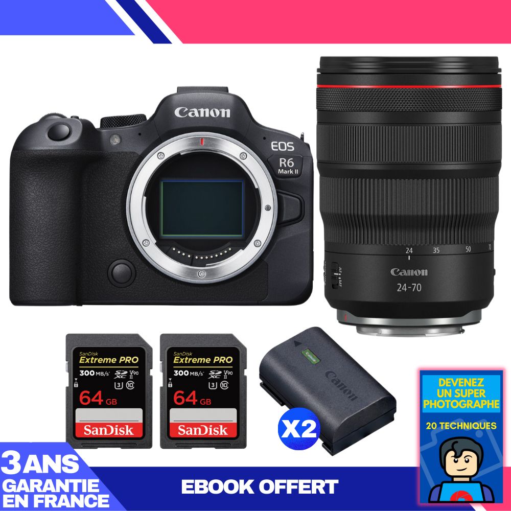 Boitier Canon EOS R6 Mark II + RF 24 70mm f2.8 IS USM + 2 SanDisk Extreme PRO UHS II SDXC 300 MB/ + 2 Canon LP E6NH + Ebook 'Devenez Un Super Photographe - vue 4