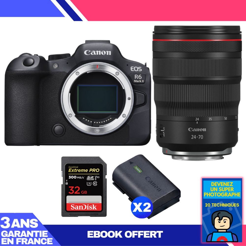 Boitier Canon EOS R6 Mark II + RF 24 70mm f2.8 IS USM + 1 SanDisk Extreme PRO UHS II SDXC 300 MB/ + 2 Canon LP E6NH + Ebook 'Devenez Un Super Photographe - vue 3