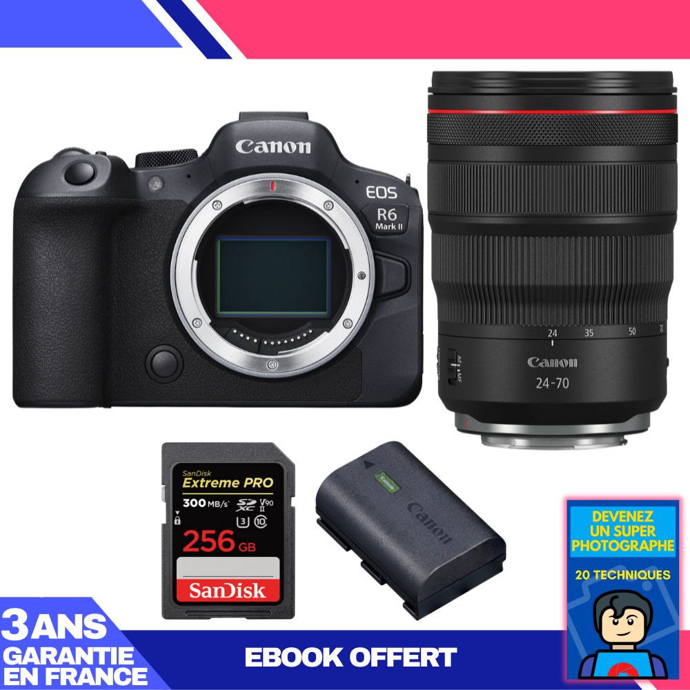 Boitier Canon EOS R6 Mark II + RF 24 70mm f2.8 IS USM + 1 SanDisk Extreme PRO UHS II SDXC 300 MB/ + 1 Canon LP E6NH + Ebook 'Devenez Un Super Photographe - vue 4