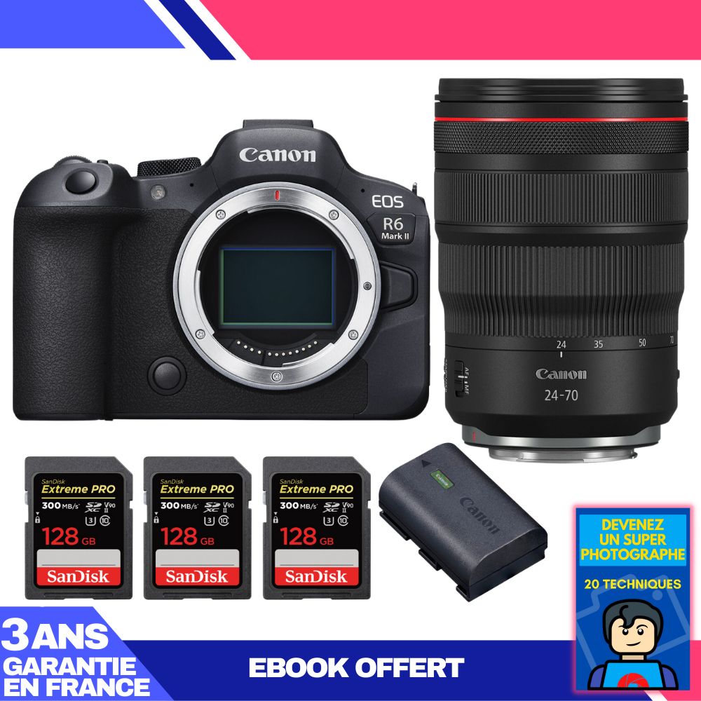 Boitier Canon EOS R6 Mark II + RF 24 70mm f2.8 IS USM + 3 SanDisk Extreme PRO UHS II SDXC 300 MB/ + 1 Canon LP E6NH + Ebook 'Devenez Un Super Photographe - vue 4