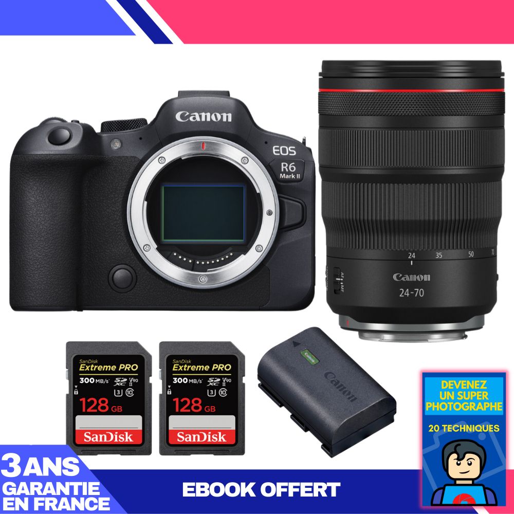 Boitier Canon EOS R6 Mark II + RF 24 70mm f2.8 IS USM + 2 SanDisk Extreme PRO UHS II SDXC 300 MB/ + 1 Canon LP E6NH + Ebook 'Devenez Un Super Photographe - vue 3