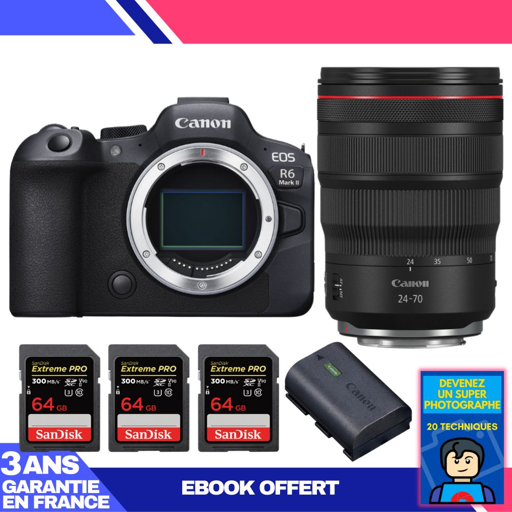 Boitier Canon EOS R6 Mark II + RF 24 70mm f2.8 IS USM + 3 SanDisk Extreme PRO UHS II SDXC 300 MB/ + 1 Canon LP E6NH + Ebook 'Devenez Un Super Photographe