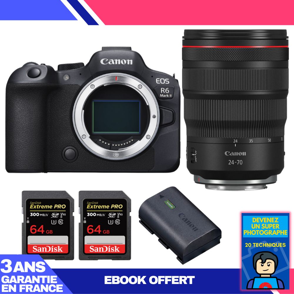 Boitier Canon EOS R6 Mark II + RF 24 70mm f2.8 IS USM + 2 SanDisk Extreme PRO UHS II SDXC 300 MB/ + 1 Canon LP E6NH + Ebook 'Devenez Un Super Photographe - vue 2