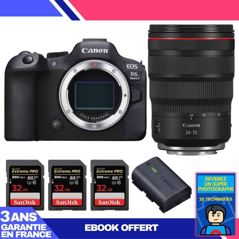 Boitier Canon EOS R6 Mark II + RF 24 70mm f2.8 IS USM + 3 SanDisk Extreme PRO UHS II SDXC 300 MB/ + 1 Canon LP E6NH + Ebook 'Devenez Un Super Photographe - vue 3