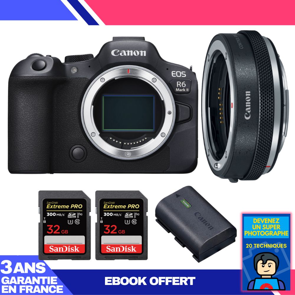 Boitier Canon EOS R6 Mark II + Canon EF EOS R Premium + 2 SanDisk Extreme PRO UHS II SDXC 300 MB/ + 1 Canon LP E6NH + Ebook 'Devenez Un Super Photographe - vue 4