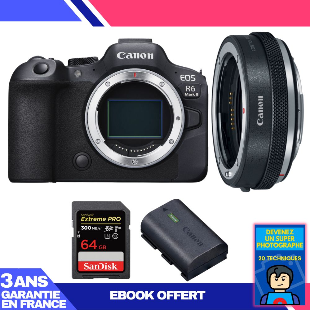 Boitier Canon EOS R6 Mark II + Canon EF EOS R Premium + 1 SanDisk Extreme PRO UHS II SDXC 300 MB/ + 1 Canon LP E6NH + Ebook 'Devenez Un Super Photographe