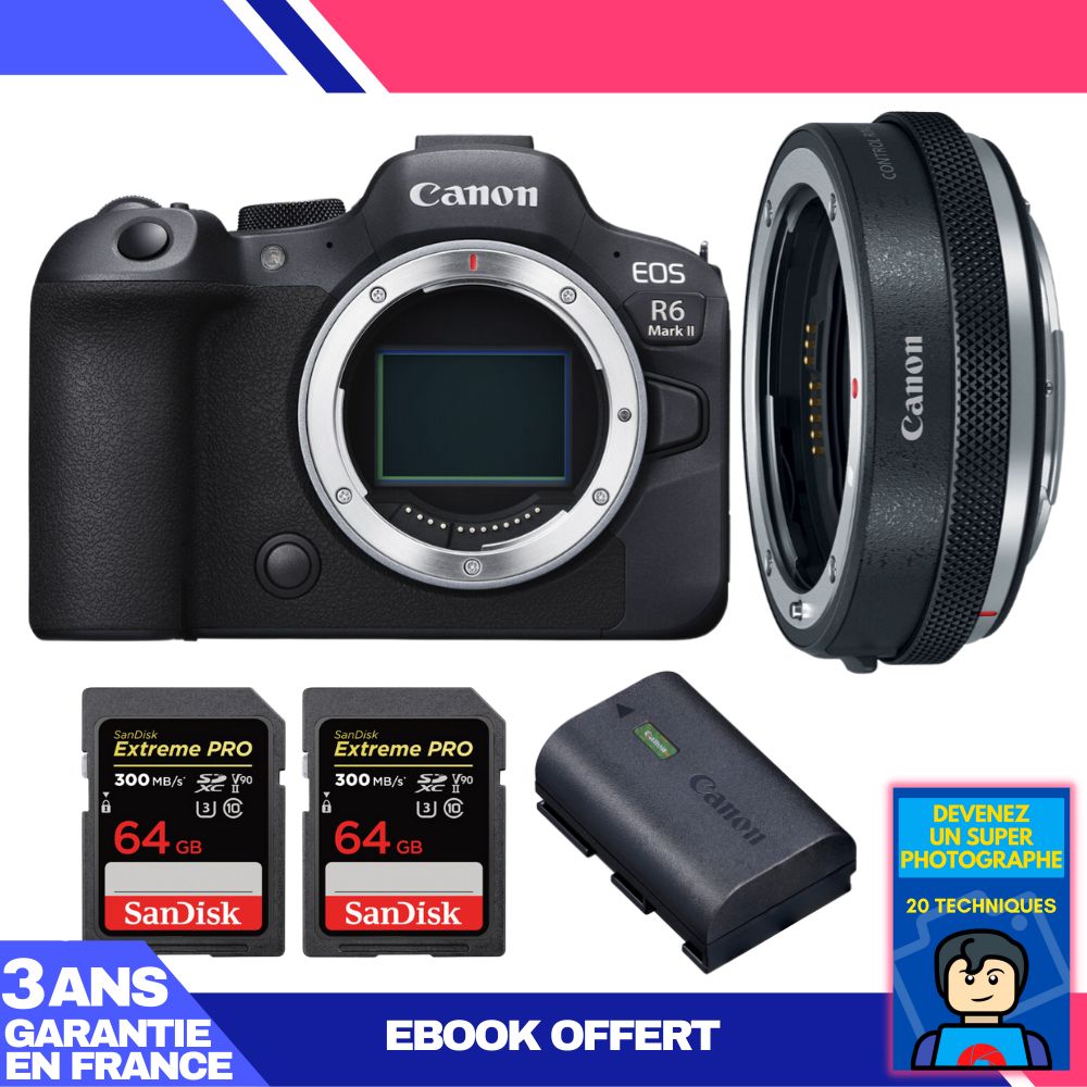 Boitier Canon EOS R6 Mark II + Canon EF EOS R Premium + 2 SanDisk Extreme PRO UHS II SDXC 300 MB/ + 1 Canon LP E6NH + Ebook 'Devenez Un Super Photographe