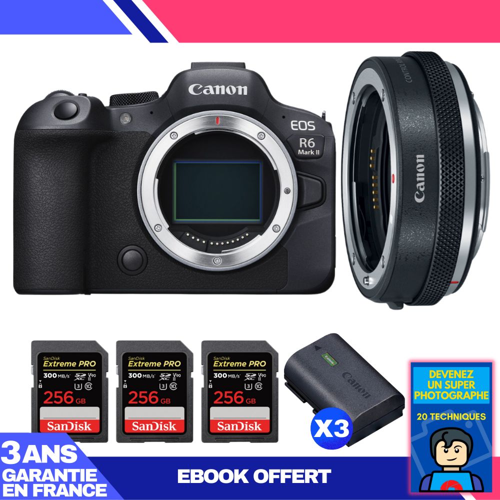 Boitier Canon EOS R6 Mark II + Canon EF EOS R Premium + 3 SanDisk Extreme PRO UHS II SDXC 300 MB/ + 3 Canon LP E6NH + Ebook 'Devenez Un Super Photographe - vue 2