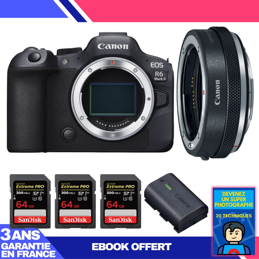Boitier Canon EOS R6 Mark II + Canon EF EOS R Premium + 3 SanDisk Extreme PRO UHS II SDXC 300 MB/ + 1 Canon LP E6NH + Ebook 'Devenez Un Super Photographe
