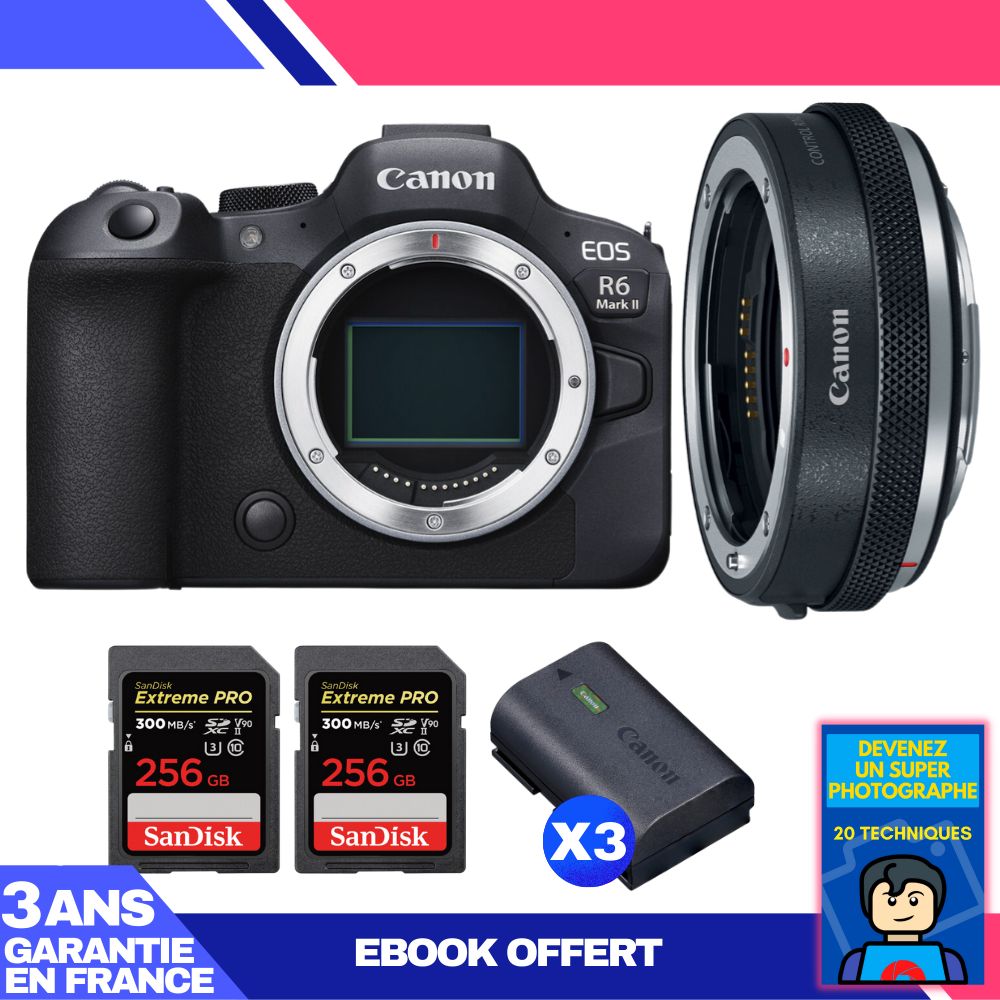 Boitier Canon EOS R6 Mark II + Canon EF EOS R Premium + 2 SanDisk Extreme PRO UHS II SDXC 300 MB/ + 3 Canon LP E6NH + Ebook 'Devenez Un Super Photographe - vue 4
