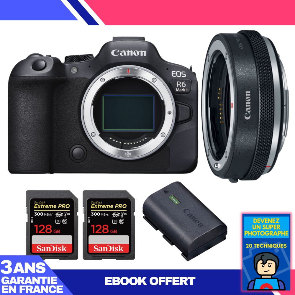 Boitier Canon EOS R6 Mark II + Canon EF EOS R Premium + 2 SanDisk Extreme PRO UHS II SDXC 300 MB/ + 1 Canon LP E6NH + Ebook 'Devenez Un Super Photographe - vue 2