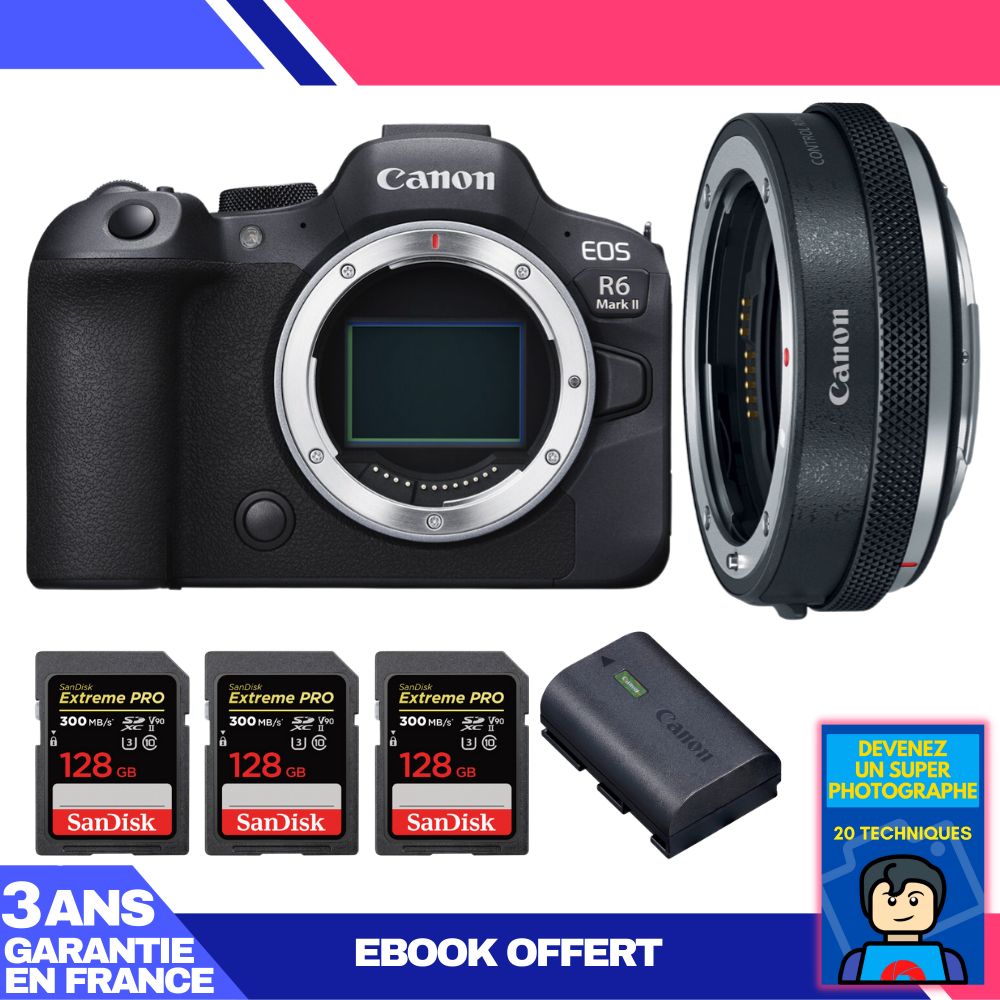 Boitier Canon EOS R6 Mark II + Canon EF EOS R Premium + 3 SanDisk Extreme PRO UHS II SDXC 300 MB/ + 1 Canon LP E6NH + Ebook 'Devenez Un Super Photographe - vue 2