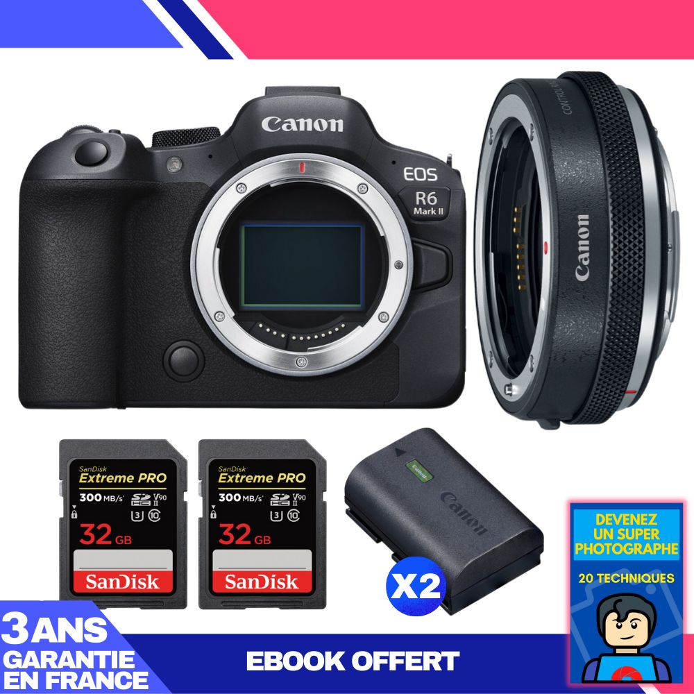 Boitier Canon EOS R6 Mark II + Canon EF EOS R Premium + 2 SanDisk Extreme PRO UHS II SDXC 300 MB/ + 2 Canon LP E6NH + Ebook 'Devenez Un Super Photographe