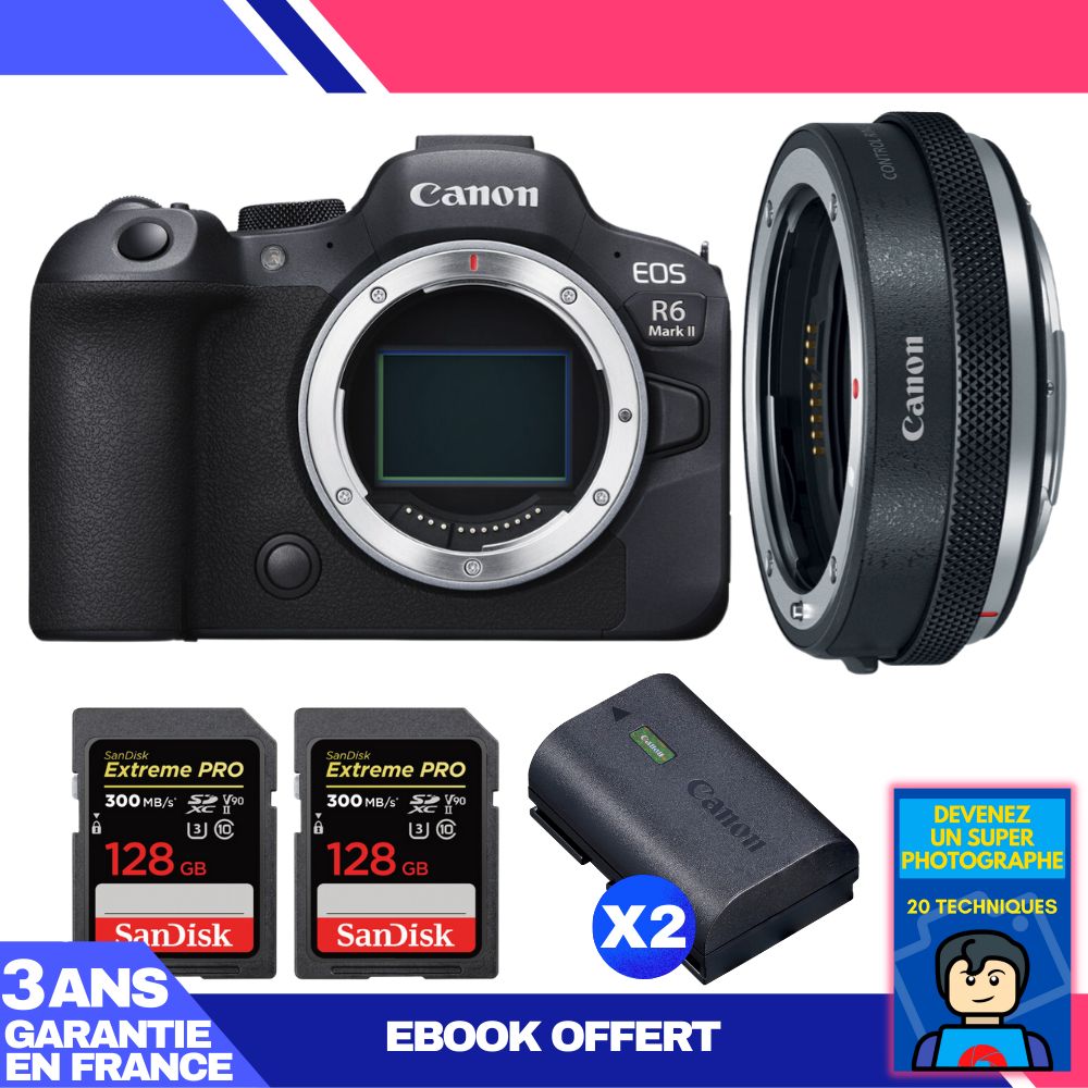 Boitier Canon EOS R6 Mark II + Canon EF EOS R Premium + 2 SanDisk Extreme PRO UHS II SDXC 300 MB/ + 2 Canon LP E6NH + Ebook 'Devenez Un Super Photographe - vue 3