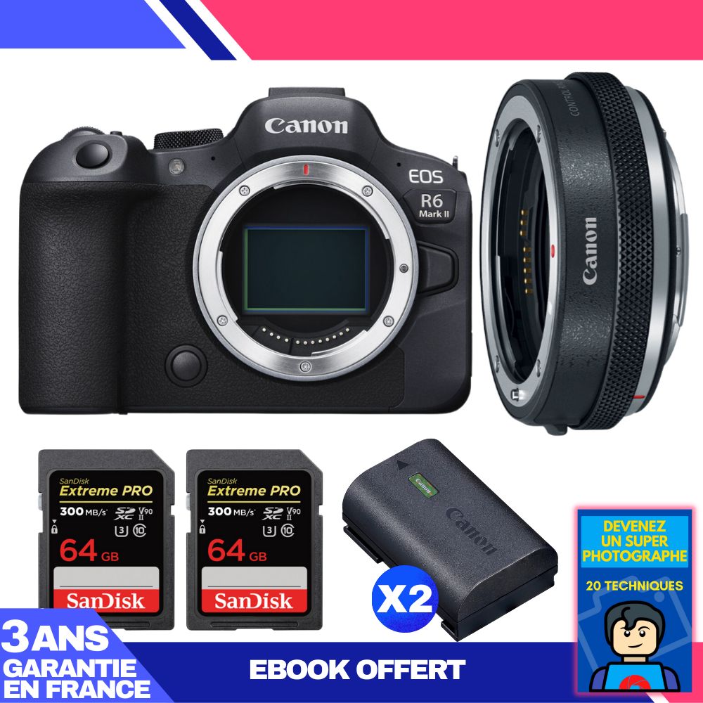 Boitier Canon EOS R6 Mark II + Canon EF EOS R Premium + 2 SanDisk Extreme PRO UHS II SDXC 300 MB/ + 2 Canon LP E6NH + Ebook 'Devenez Un Super Photographe - vue 2